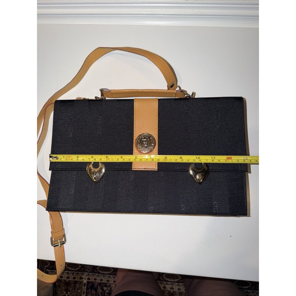 Vintage Purse Striped Briefcase Satchel Bag Canvas Handle Strap Black Tan - Picture 10 of 13